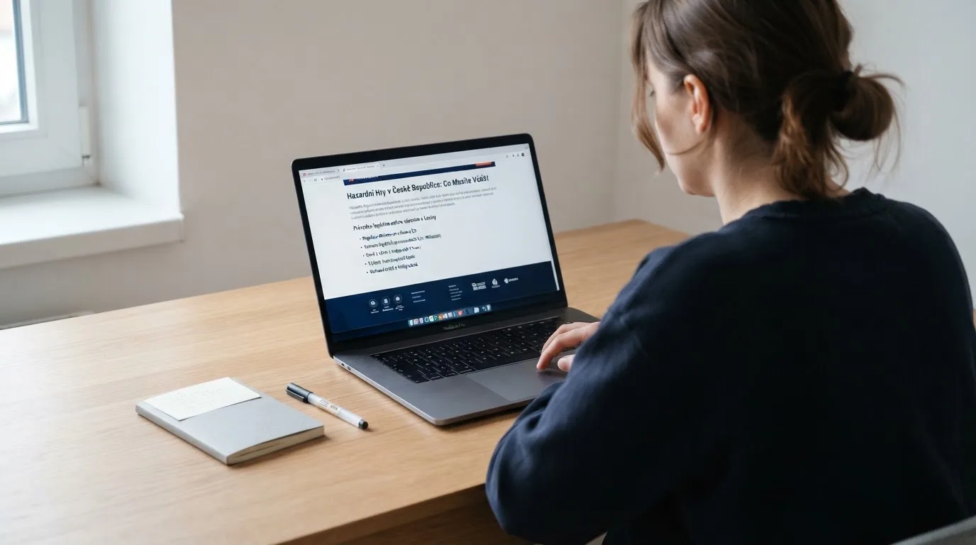 Člověk u notebooku čte informační stránku o online hazardu v Česku — 30, 50, 100, 150 free spinů bez vkladu