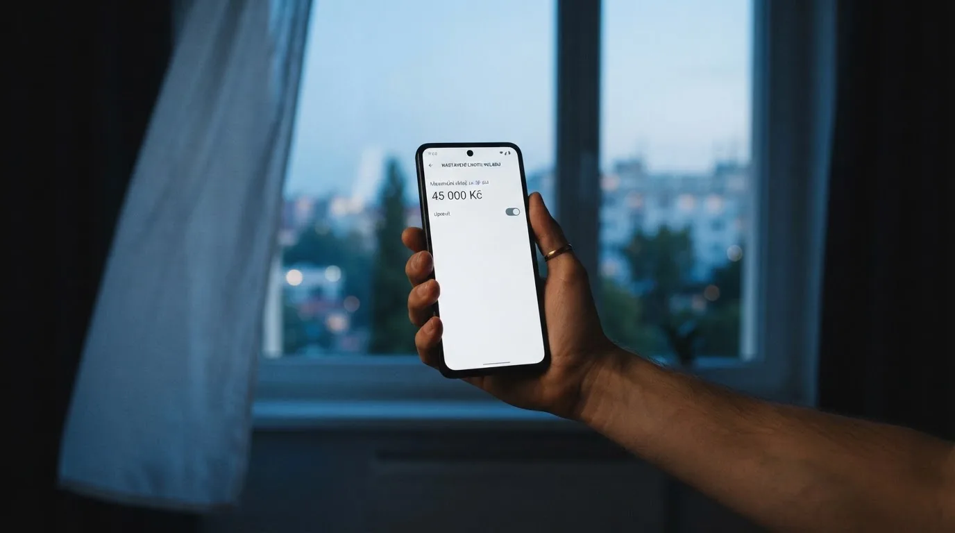 Ruka drží chytrý telefon u okna, klidné večerní světlo — bezpečné zahraniční casino pro české hráče