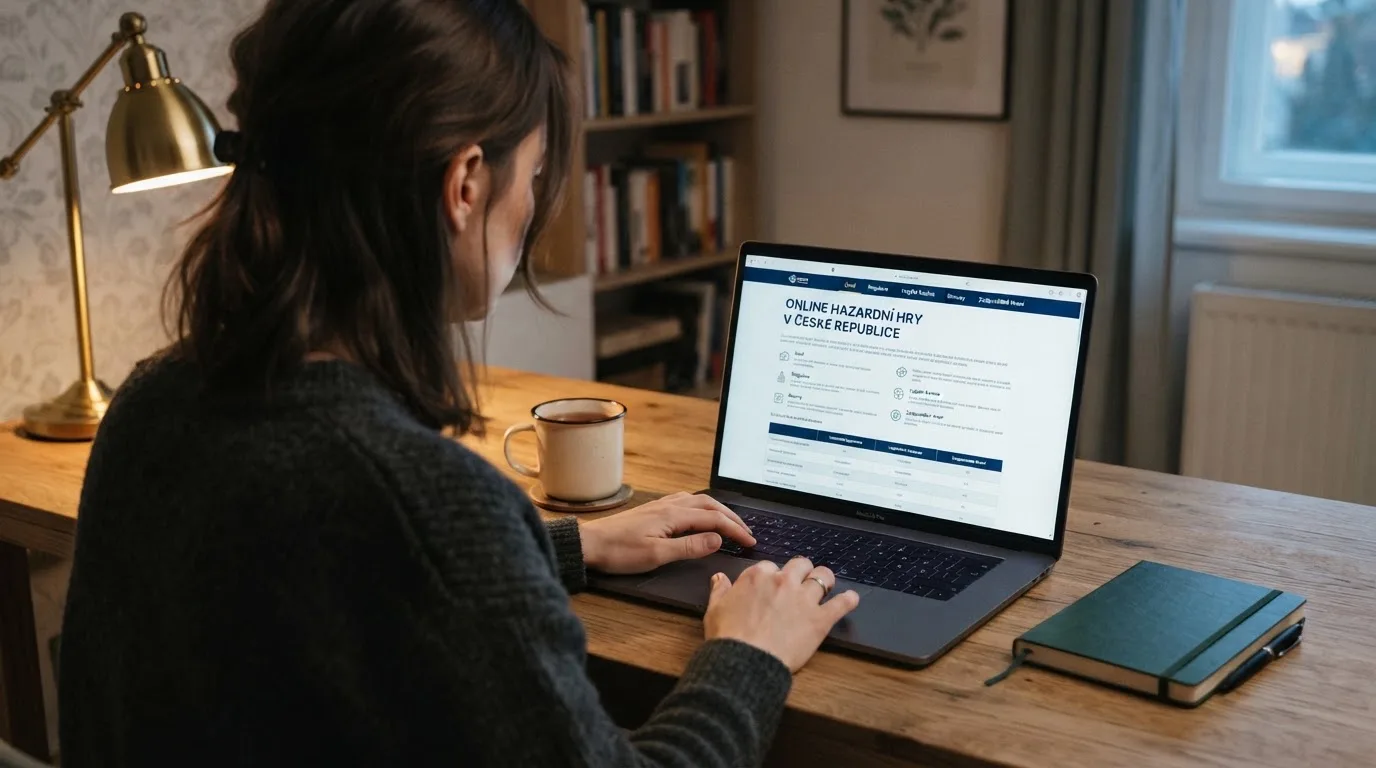 Člověk u notebooku čte informační stránku o online hazardu v Česku — bezpečné zahraniční casino pro české hráče