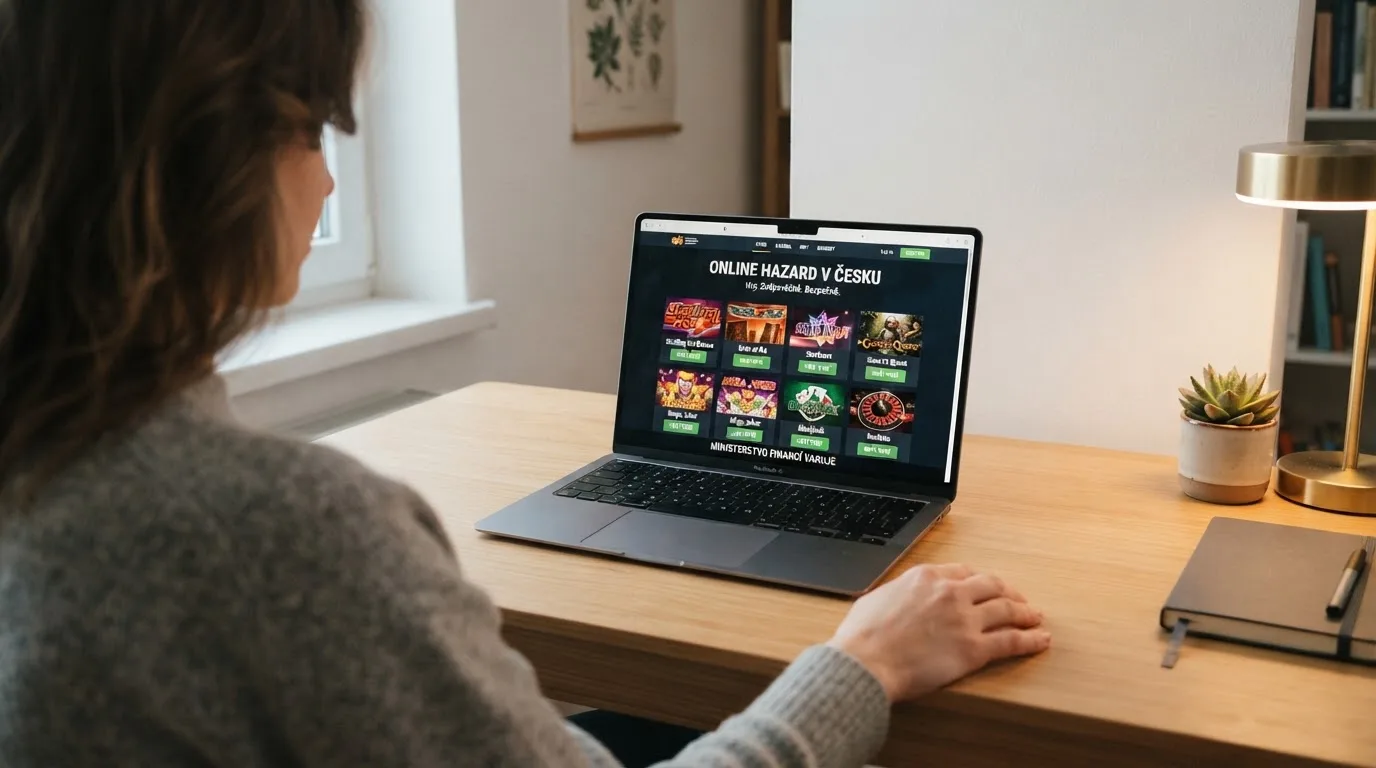 Člověk u notebooku čte informační stránku o online hazardu v Česku — bonus za založení účtu casino
