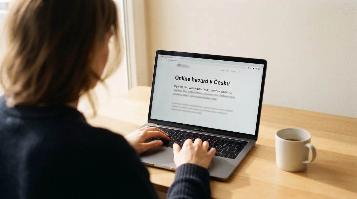 Člověk u notebooku čte informační stránku o online hazardu v Česku — casina online bez ověření totožnosti