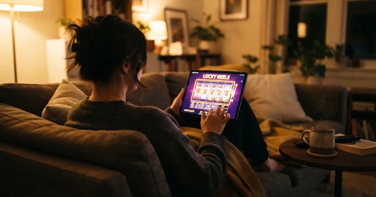 Hráč na gauči s tabletem, šálek kávy na stolku, teplé světlo — casina promo kód bez vkladu