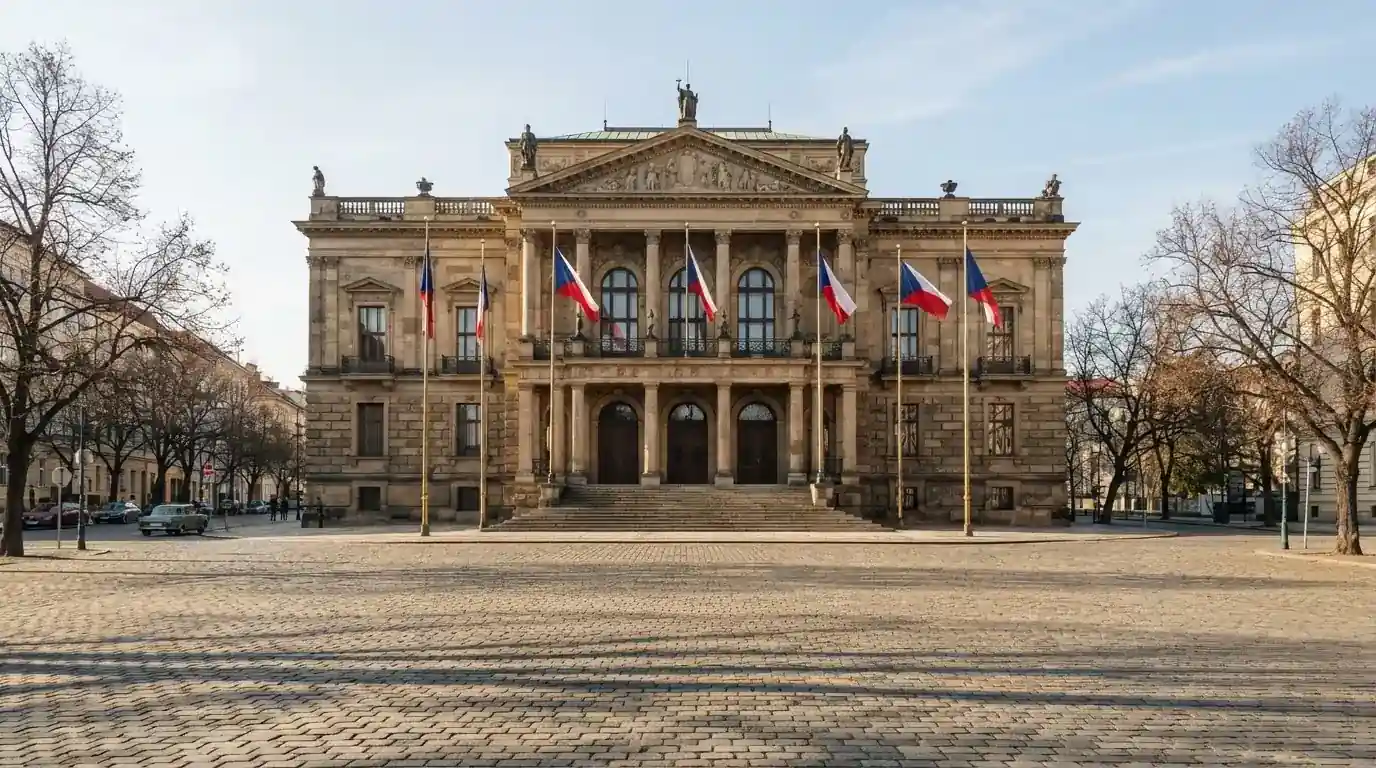 Historická úřední budova s vlajkami na slunečném náměstí — casina promo kód bez vkladu