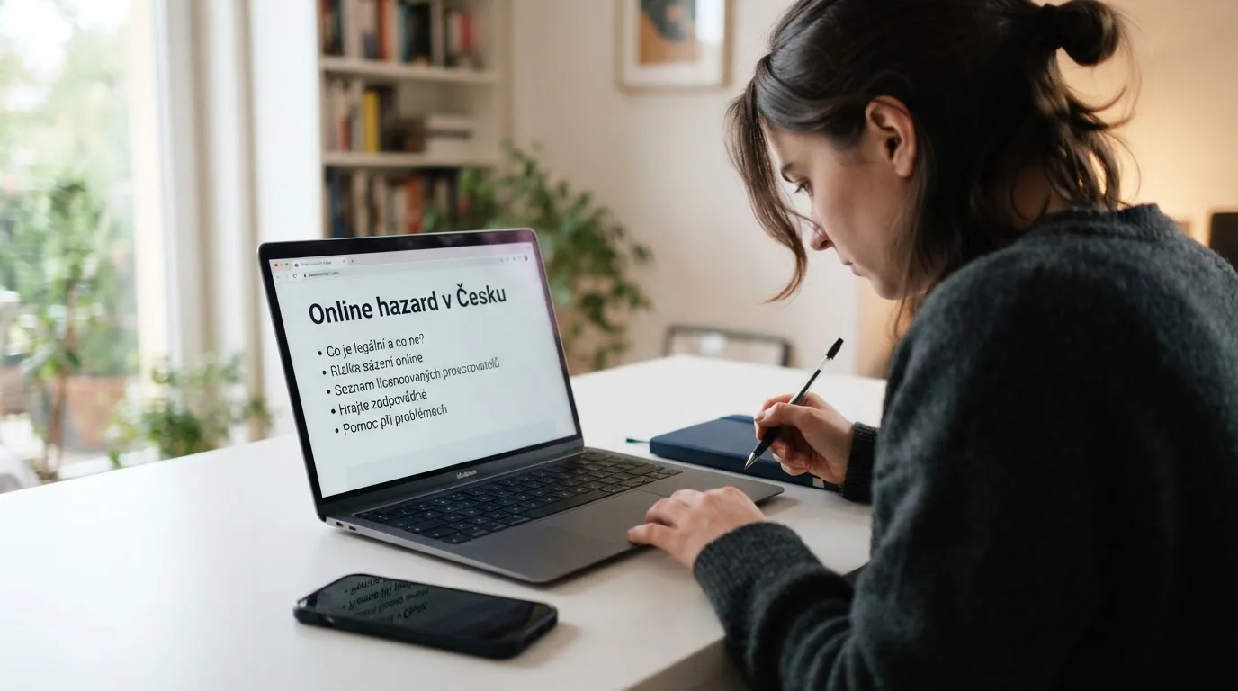 Člověk u notebooku čte informační stránku o online hazardu v Česku — casina promo kód bez vkladu