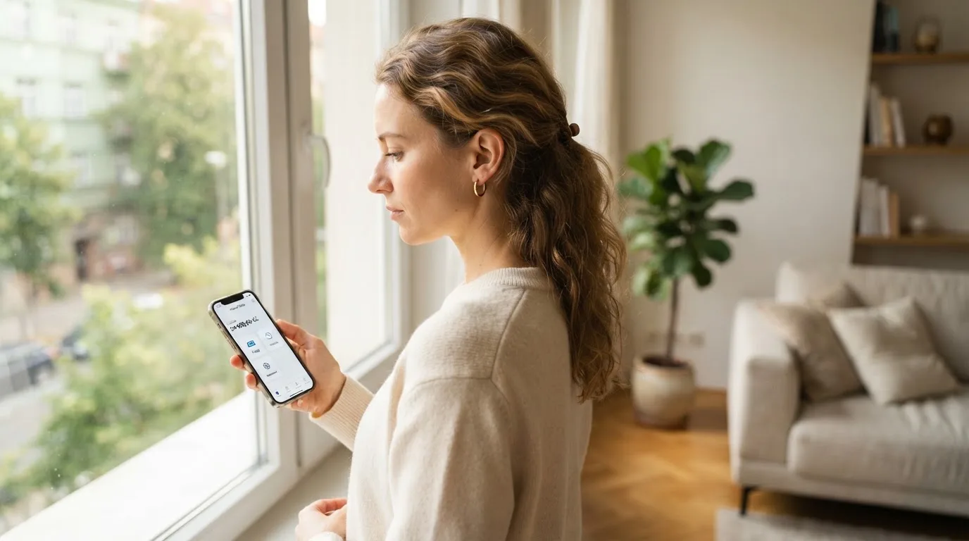 Žena v obývacím pokoji drží telefon a zamyšleně hledí z okna za dne.