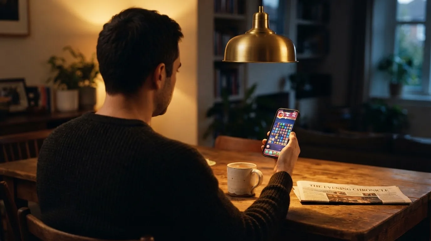 Muž sedí u stolu a poprvé otevírá aplikaci na chytrém telefonu v podvečer.