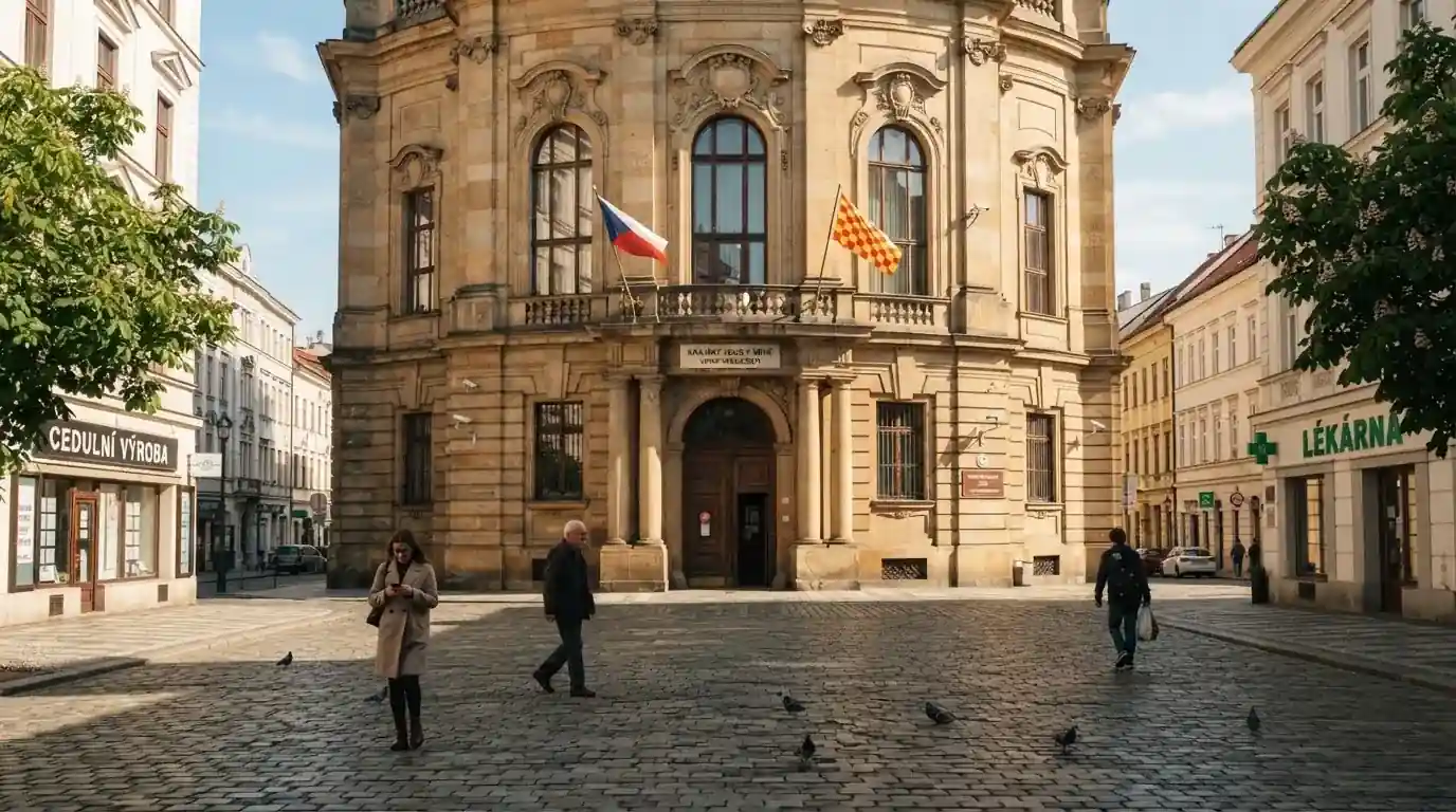 Historická úřední budova s vlajkami na slunečném náměstí — casino minimální vklad 100 kč
