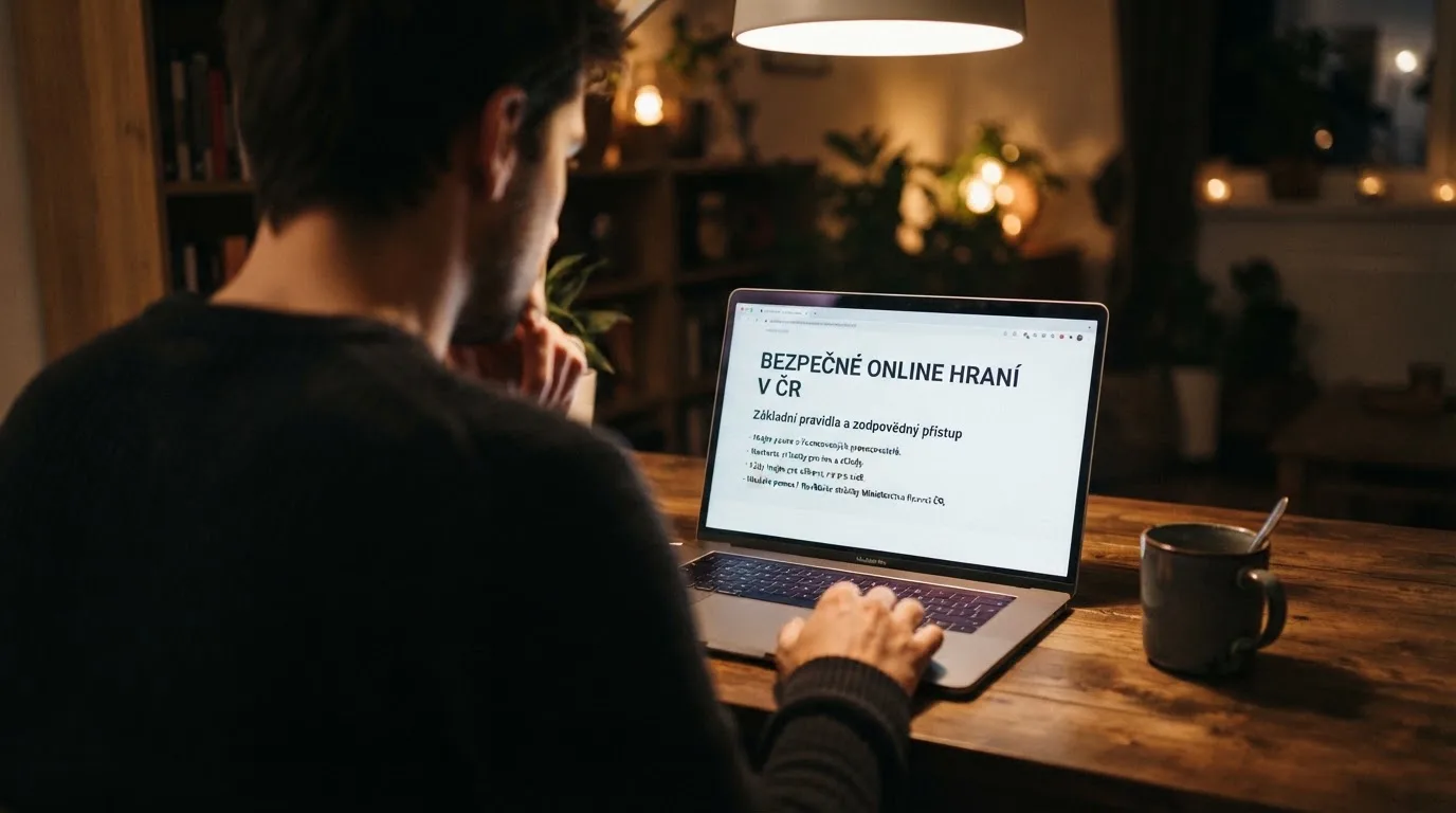 Člověk u notebooku čte informační stránku o online hazardu v Česku — casino minimální vklad 100 kč