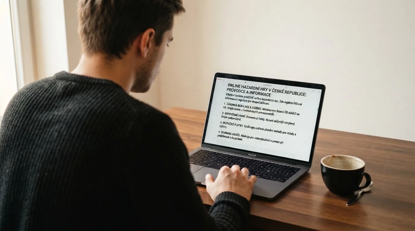 Člověk u notebooku čte informační stránku o online hazardu v Česku — casino okamžitý výběr