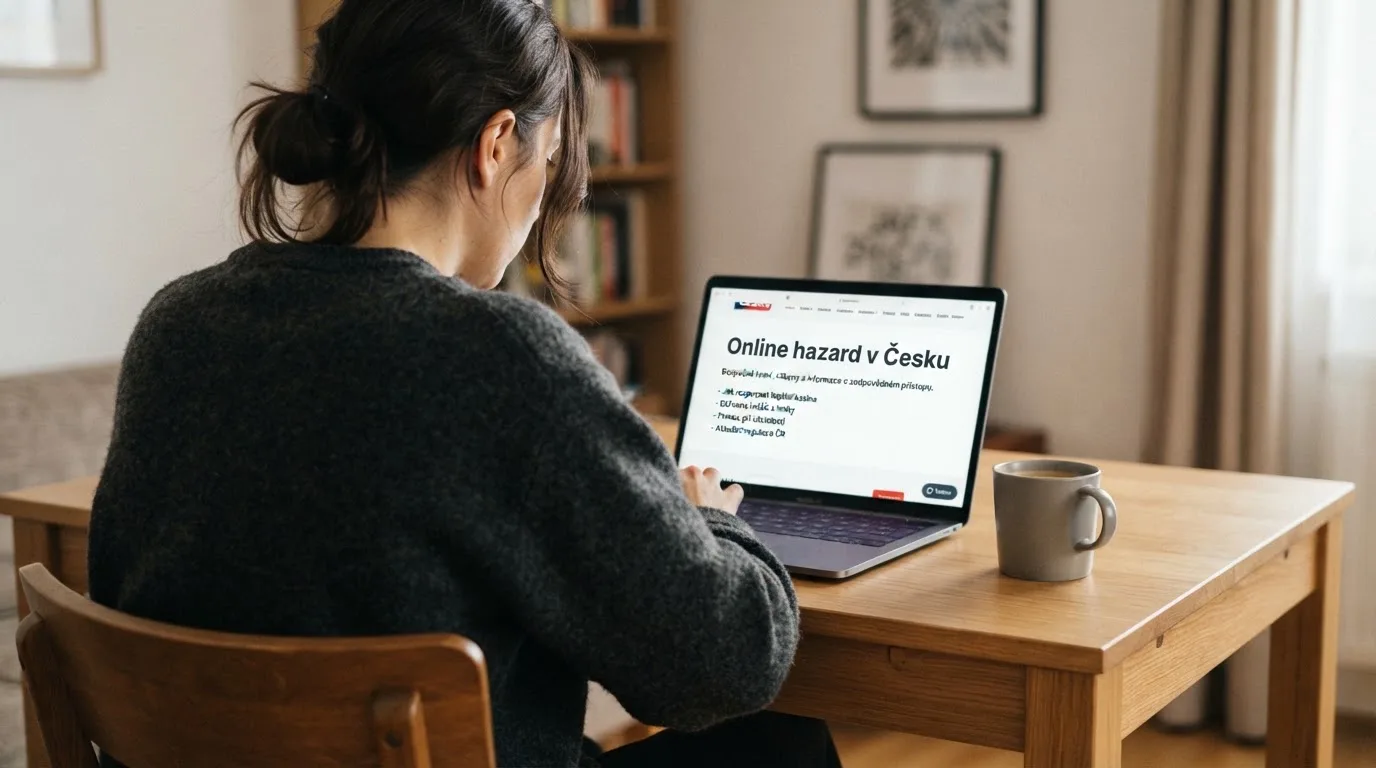 Člověk u notebooku čte informační stránku o online hazardu v Česku — casino platba paysafecard