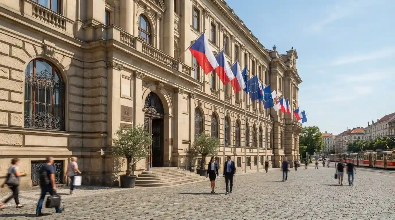 Historická úřední budova s vlajkami na slunečném náměstí — hrací automaty hrací automaty zdarma online