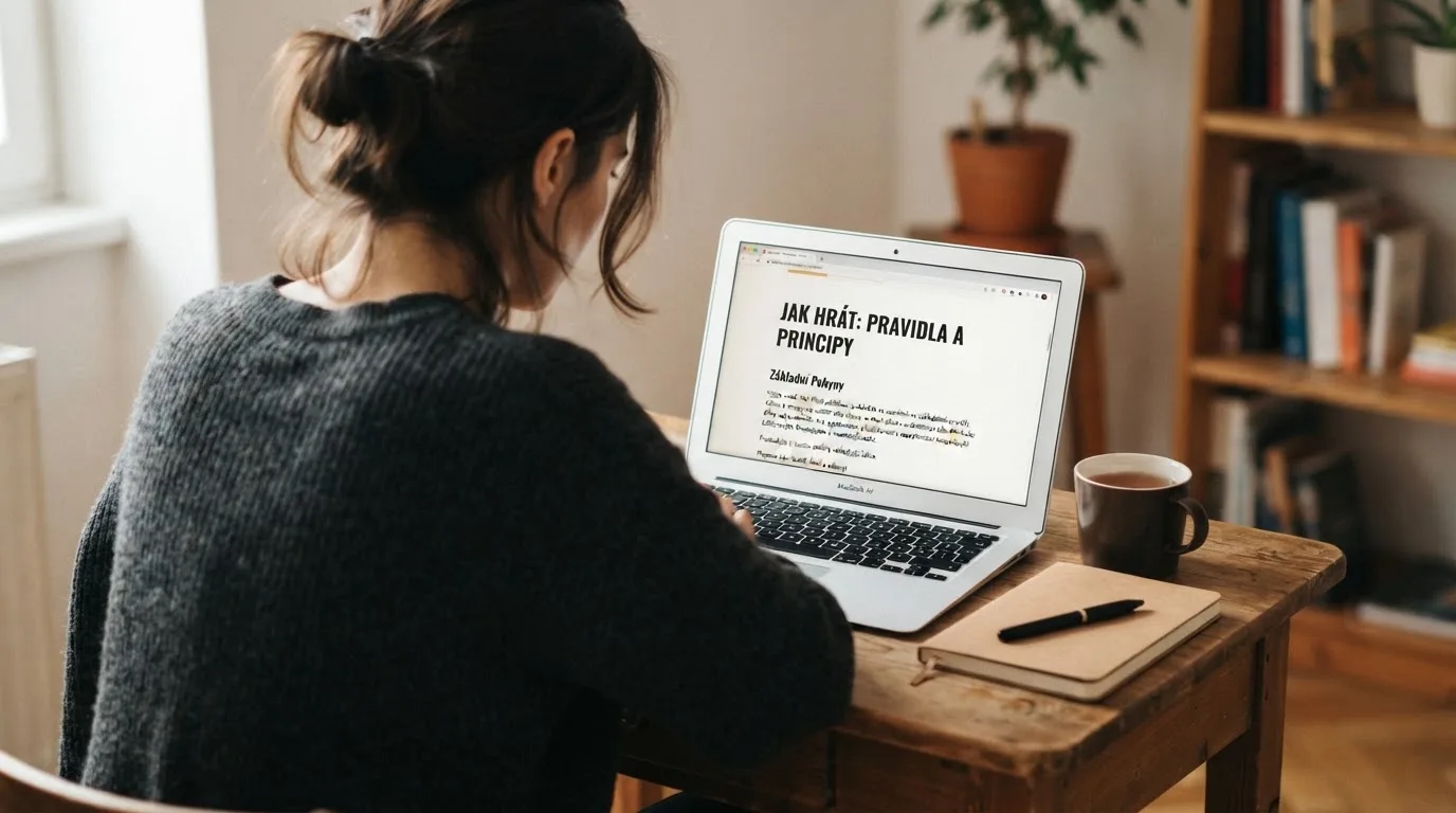 Člověk u notebooku čte informační stránku o online hazardu v Česku — hrací automaty hrací automaty zdarma online