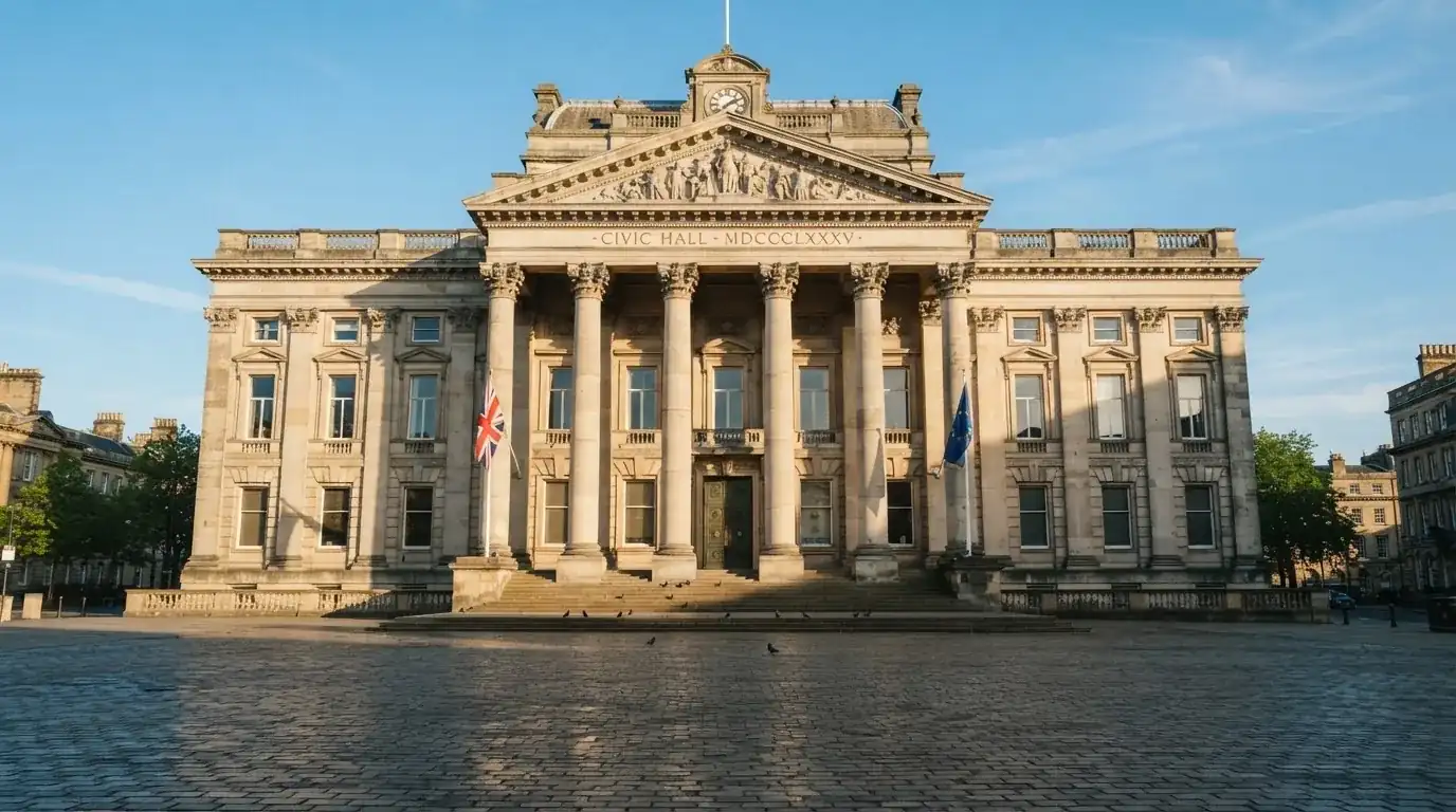 Historická úřední budova s vlajkami na slunečném náměstí — hrací automaty zdarma ke stažení