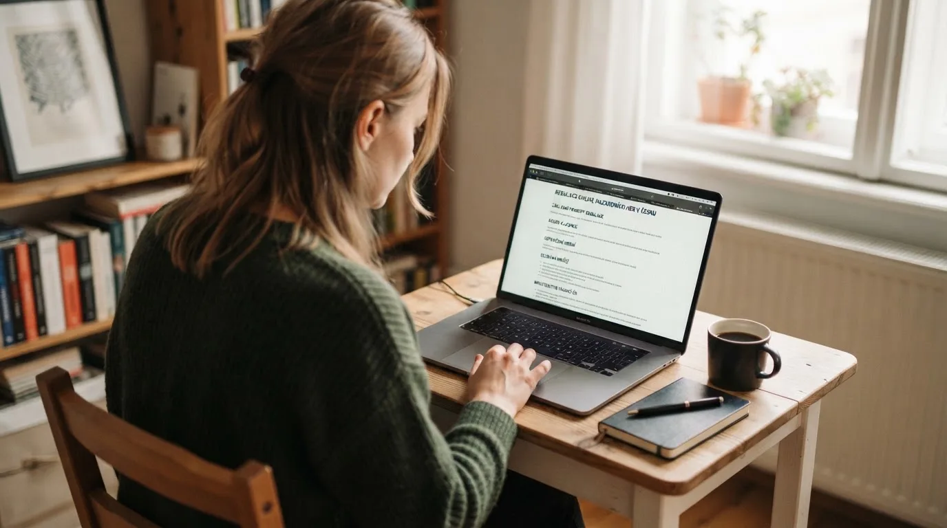 Člověk u notebooku čte informační stránku o online hazardu v Česku — hrací automaty zdarma ke stažení