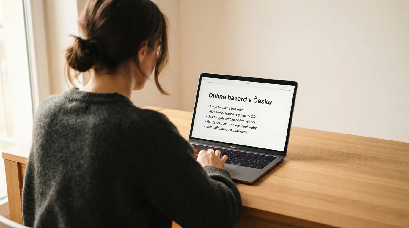 Člověk u notebooku čte informační stránku o online hazardu v Česku — live blackjack pro české hráče
