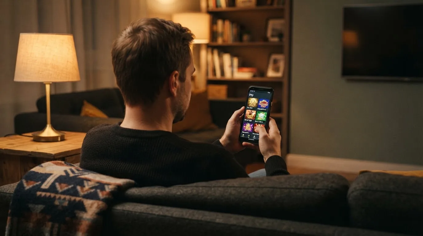Muž sedí na gauči a poprvé otevírá aplikaci na chytrém telefonu večer.