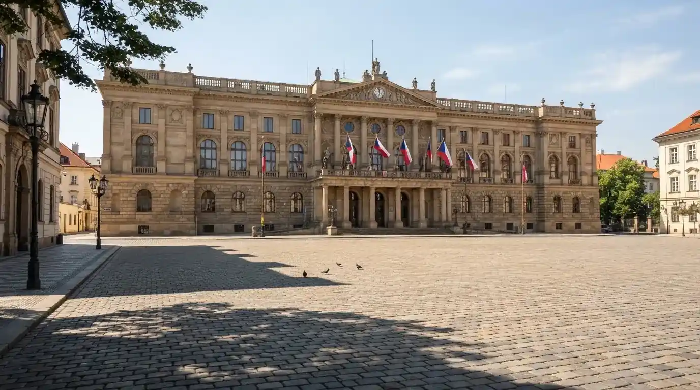 Historická úřední budova s vlajkami na slunečném náměstí — nejlepší automaty online za peníze