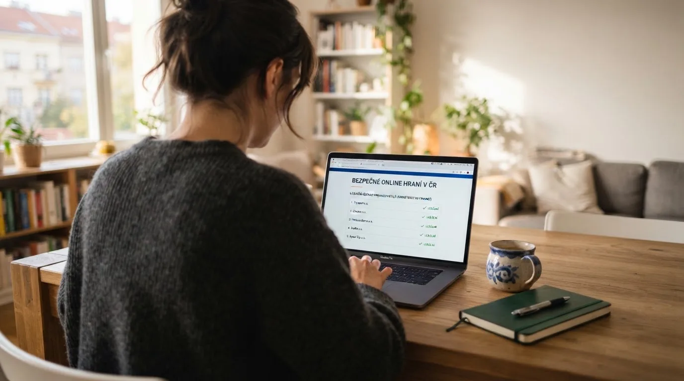 Člověk u notebooku čte informační stránku o online hazardu v Česku — nejlepší automaty online za peníze