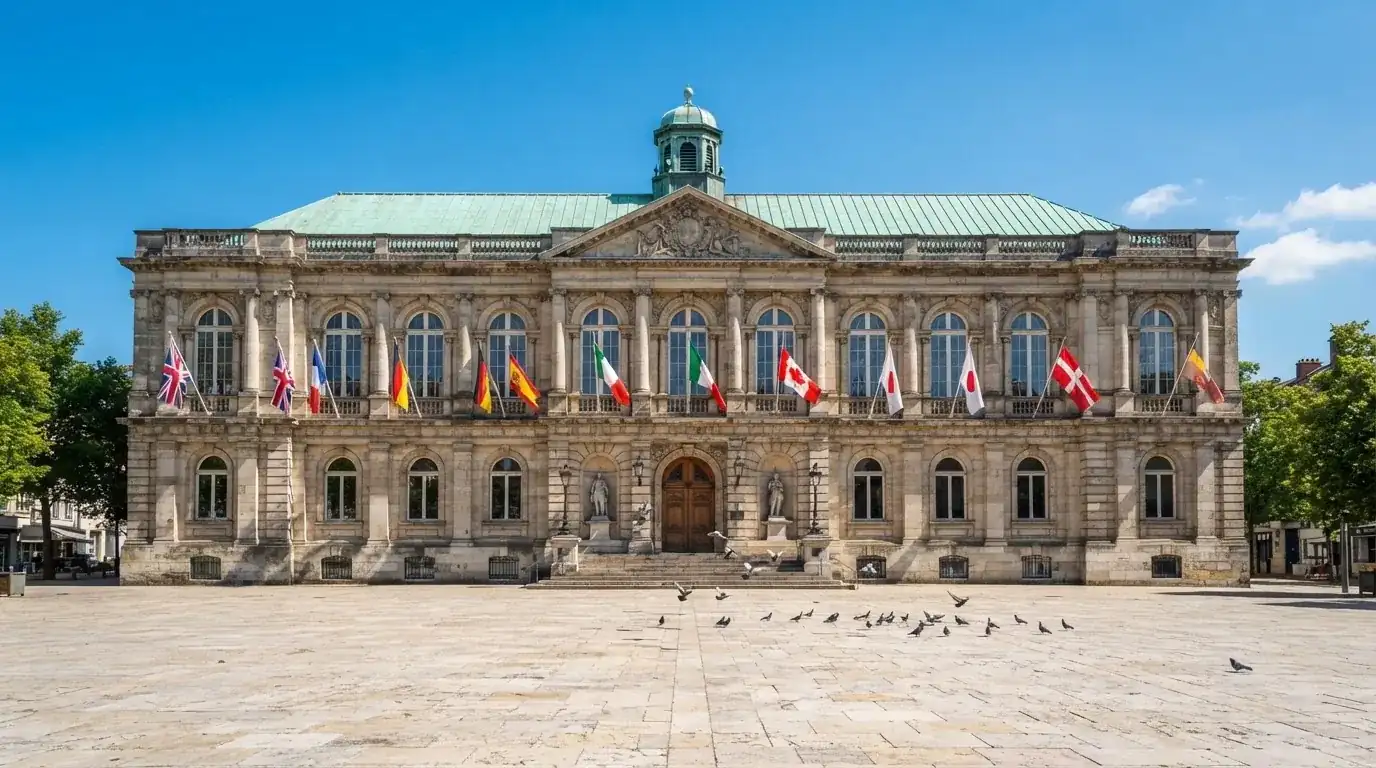 Historická úřední budova s vlajkami na slunečném náměstí — nejlepší live casino CZ