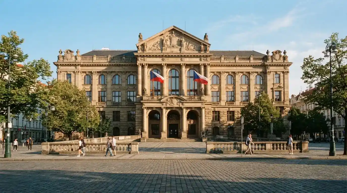 Historická úřední budova s vlajkami na slunečném náměstí — nejlepší mobilní online kasino česká republika