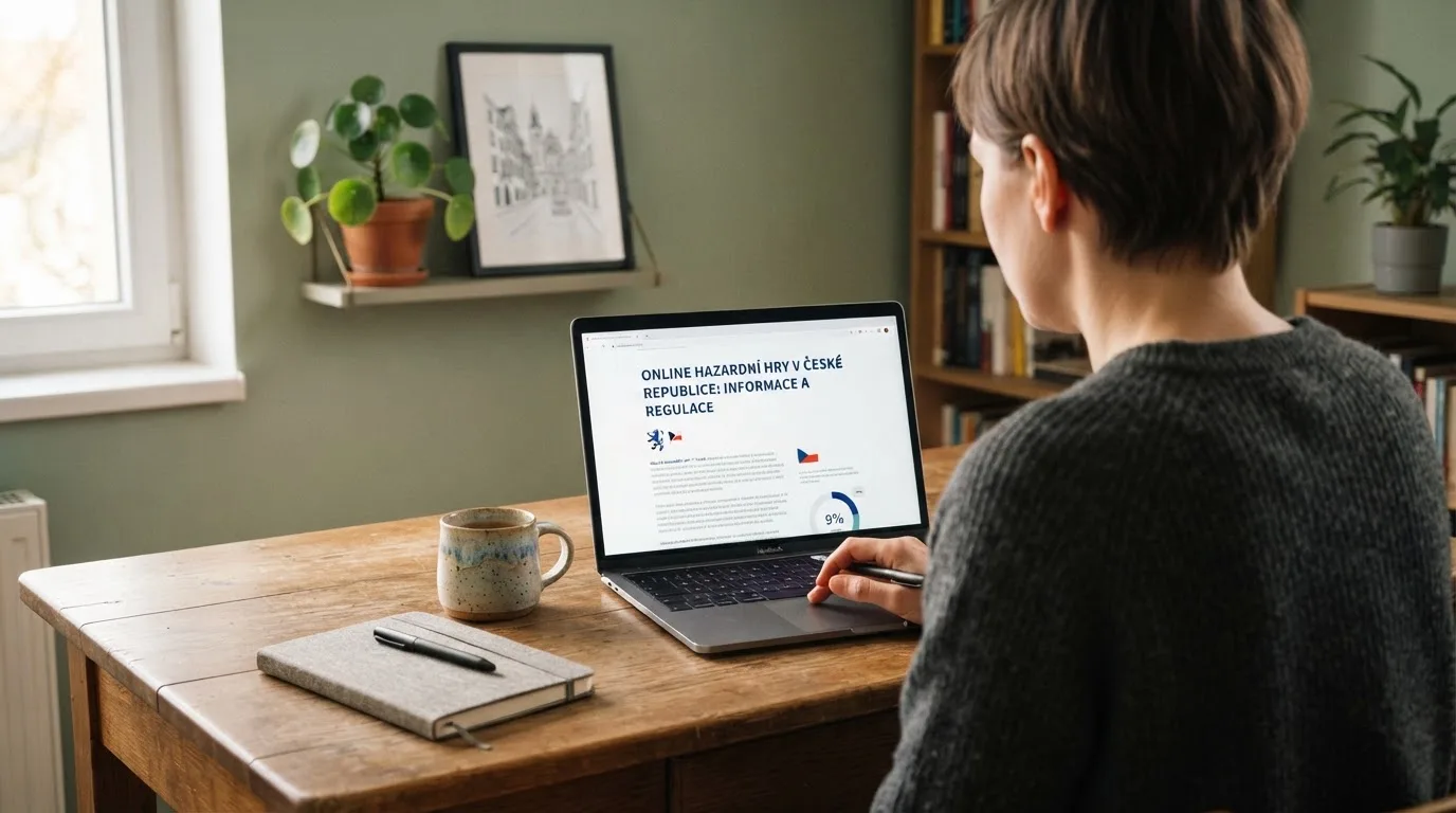 Člověk u notebooku čte informační stránku o online hazardu v Česku — nejlepší mobilní online kasino česká republika