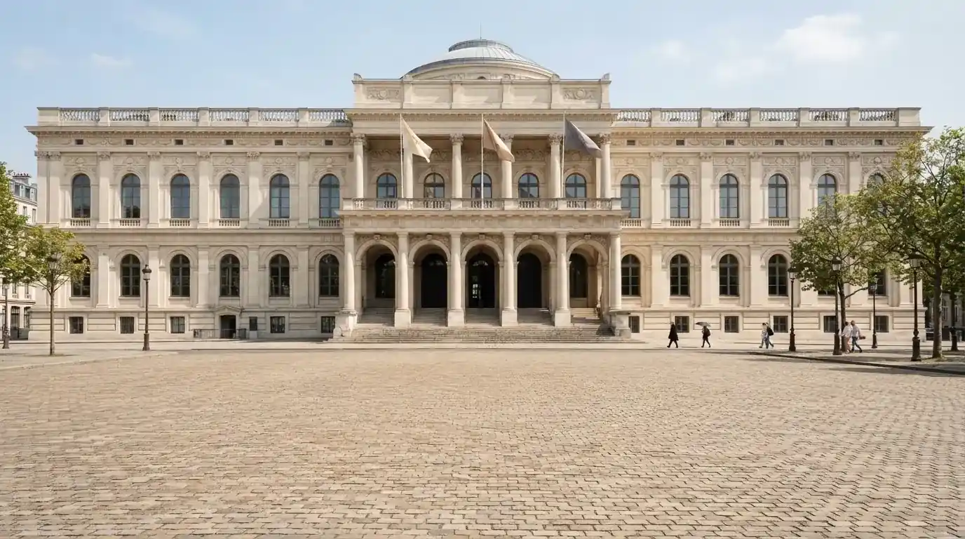 Historická úřední budova s vlajkami na slunečném náměstí — nejlepší online casino za peníze