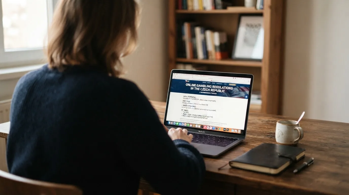 Člověk u notebooku čte informační stránku o online hazardu v Česku — nejlepší online casino za peníze